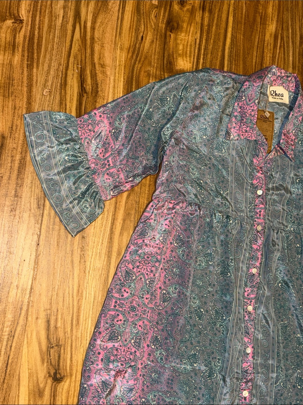 Rhea women dress large 12 14 Pink Teal Paisley' knee Button Front boho tunic NWT - Picture 3 of 8